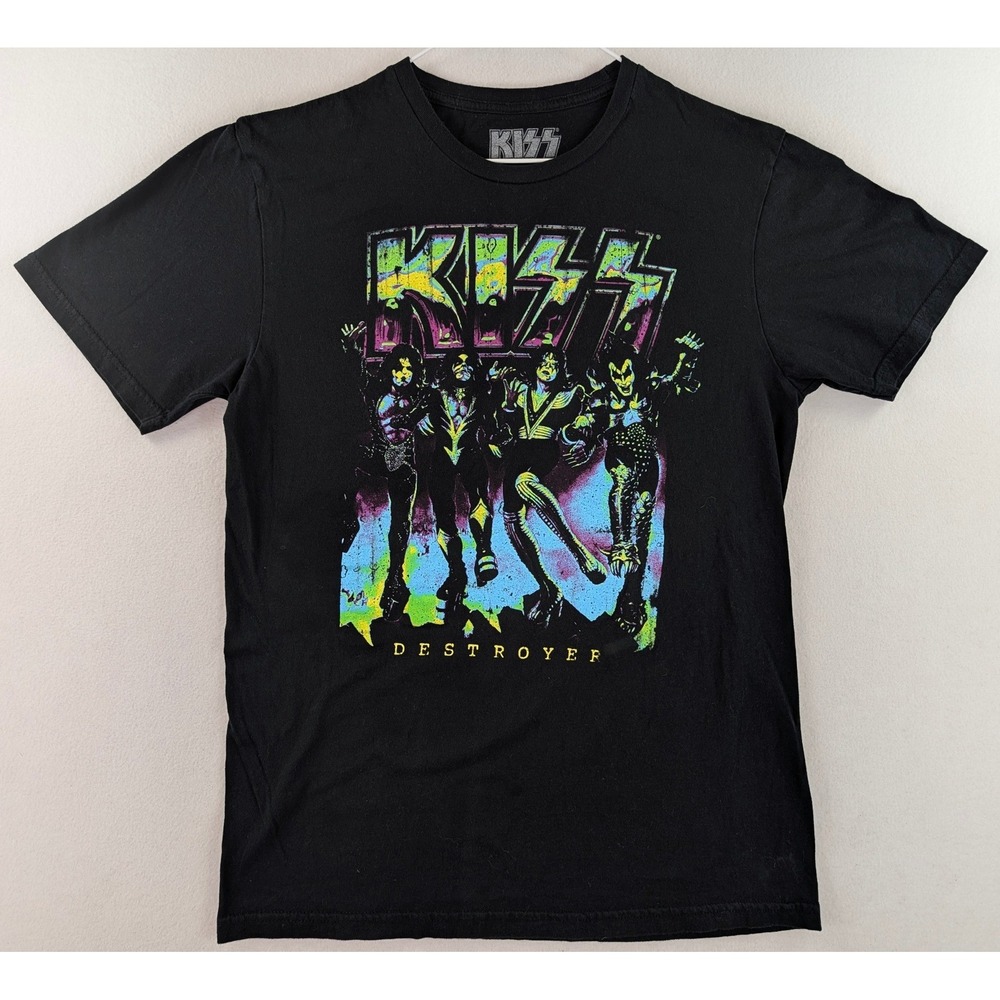 KISS Destroyer Band Graphic T-Shirt Mens Medium Black Cotton Neon Print